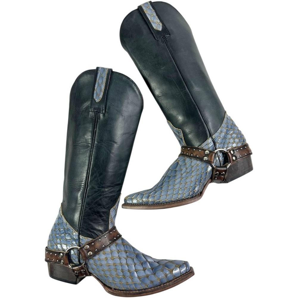 Freebird Lusitano Leather Heeled Boots Turquoise Croc Size 7 NWOB